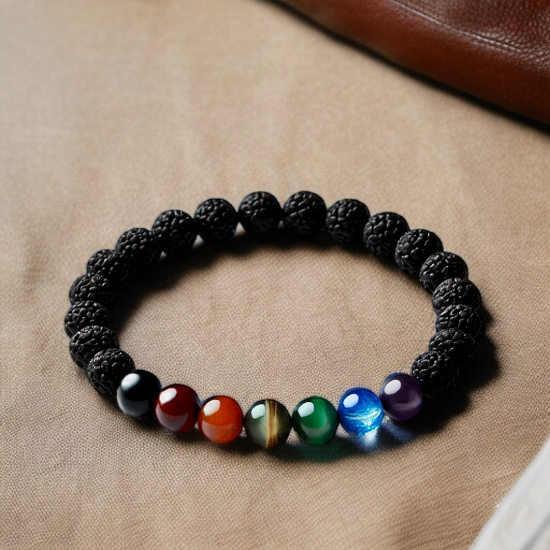 7 Chakra Energy Healing Bracelet with Black Rudraksha – Balance & Spiritual Protection