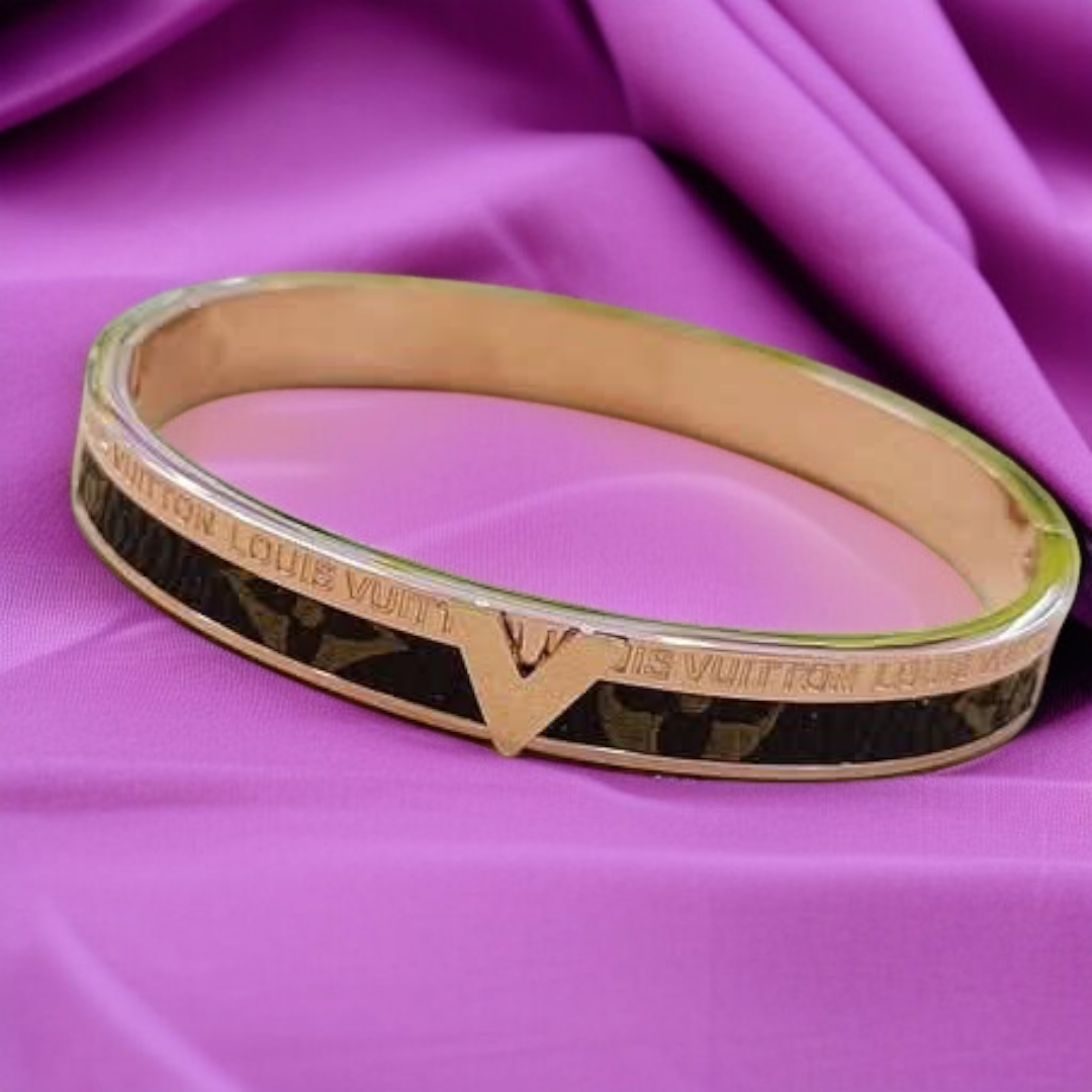 Louis Vuitton-Inspired Gold Openable Bracelet with Black Monogram Inlay