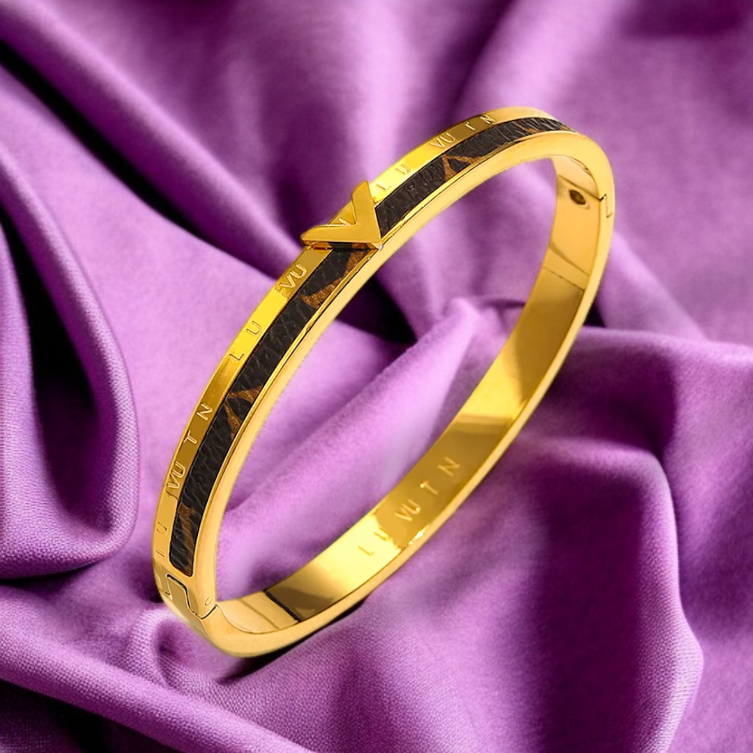 Louis Vuitton-Inspired Gold Openable Bracelet with Black Monogram Inlay