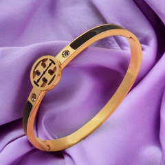 Tory Burch Gold-Tone Openable Logo Bangle with Black Enamel and Crystals