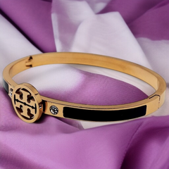 Tory Burch Gold-Tone Openable Logo Bangle with Black Enamel and Crystals