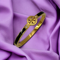 Tory Burch Gold-Tone Openable Logo Bangle with Black Enamel and Crystals