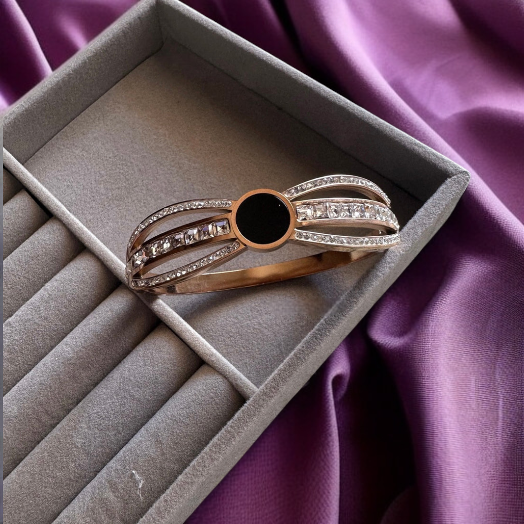 Elegant Rose Gold Black Stone Crystal Bangle Bracelet