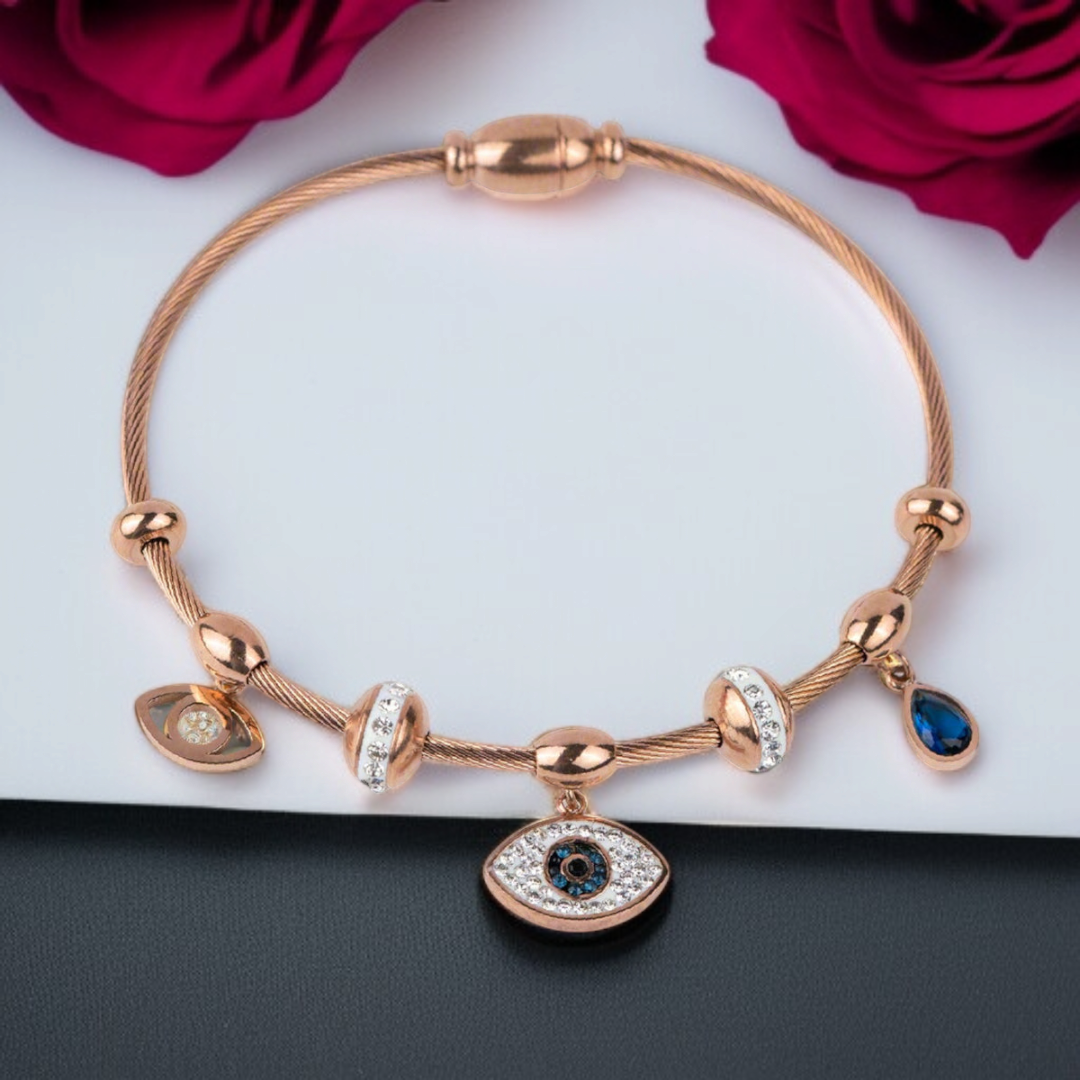 Rose Gold Anti-Tarnish Evil Eye Charm Bracelet – Elegant & Protective