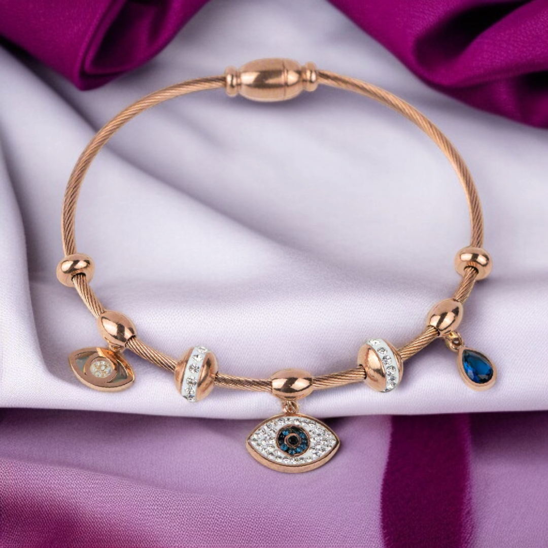 Rose Gold Anti-Tarnish Evil Eye Charm Bracelet – Elegant & Protective