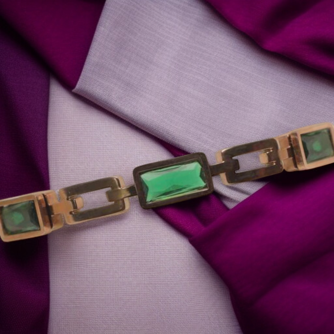 Elegant Rose Gold Bracelet with Emerald Green Stones & Geometric Design