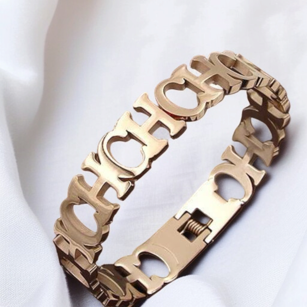 Luxury Gold Plated Designer Bracelet with CH Letter Cutout