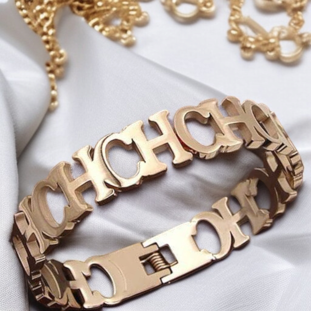 Luxury Gold Plated Designer Bracelet with CH Letter Cutout