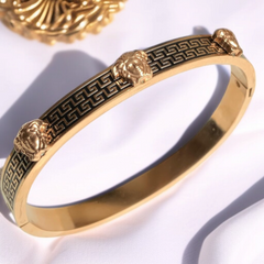 Luxury Gold-Plated Greek Key Bracelet with Lion Head Design